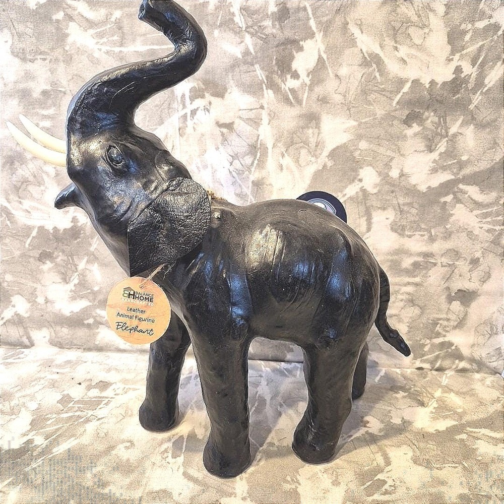 Handcrafted Leather Elephant Figurine Black Safari Decor 14.5" x 14.5" India